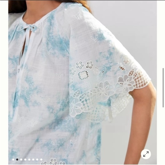 Anthropologie Lace Trimmed Tie Dye and Embroidered Cotton Tie Neck Top - Picture 4 of 15